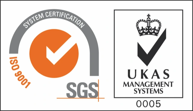 ISO 9001 certification mark, issued by SGS under UKAS accreditation.